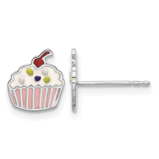 Sterling Silver Rhodium-plated Polished Multi-color Enamel Cupcake Children's Post Earrings
