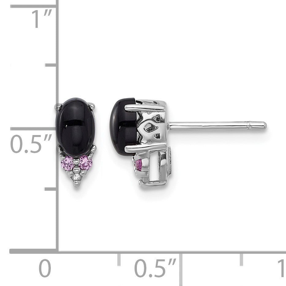 Sterling Silver Rh-plated Black Onyx .08 Cr.Pink Sapphire/Dia. Post Earring