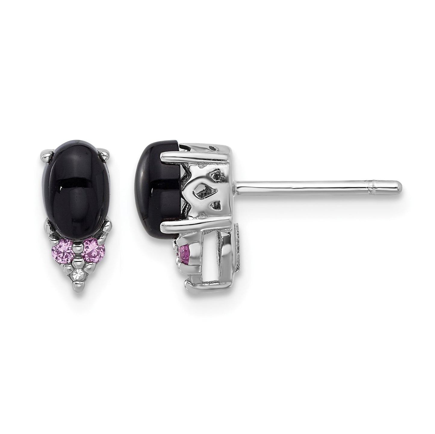 Sterling Silver Rh-plated Black Onyx .08 Cr.Pink Sapphire/Dia. Post Earring