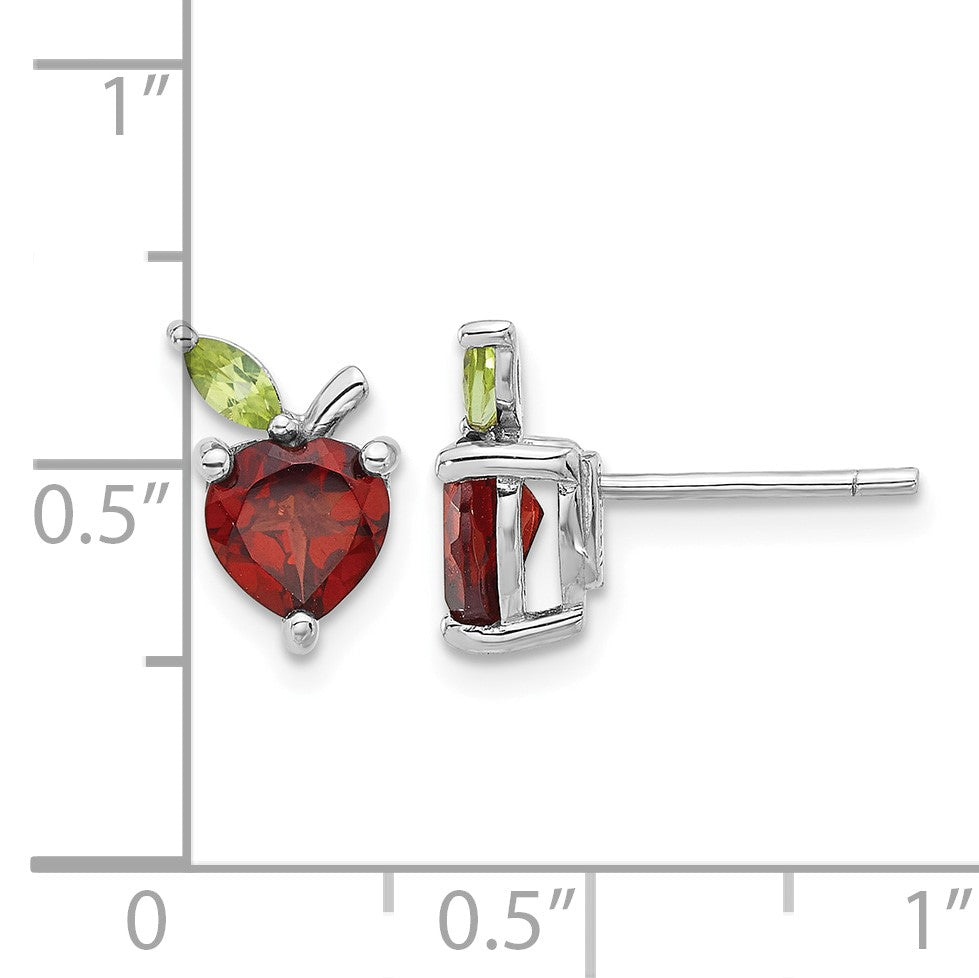 Sterling Silver Rhodium-plated Garnet and Peridot Apple Post Earrings