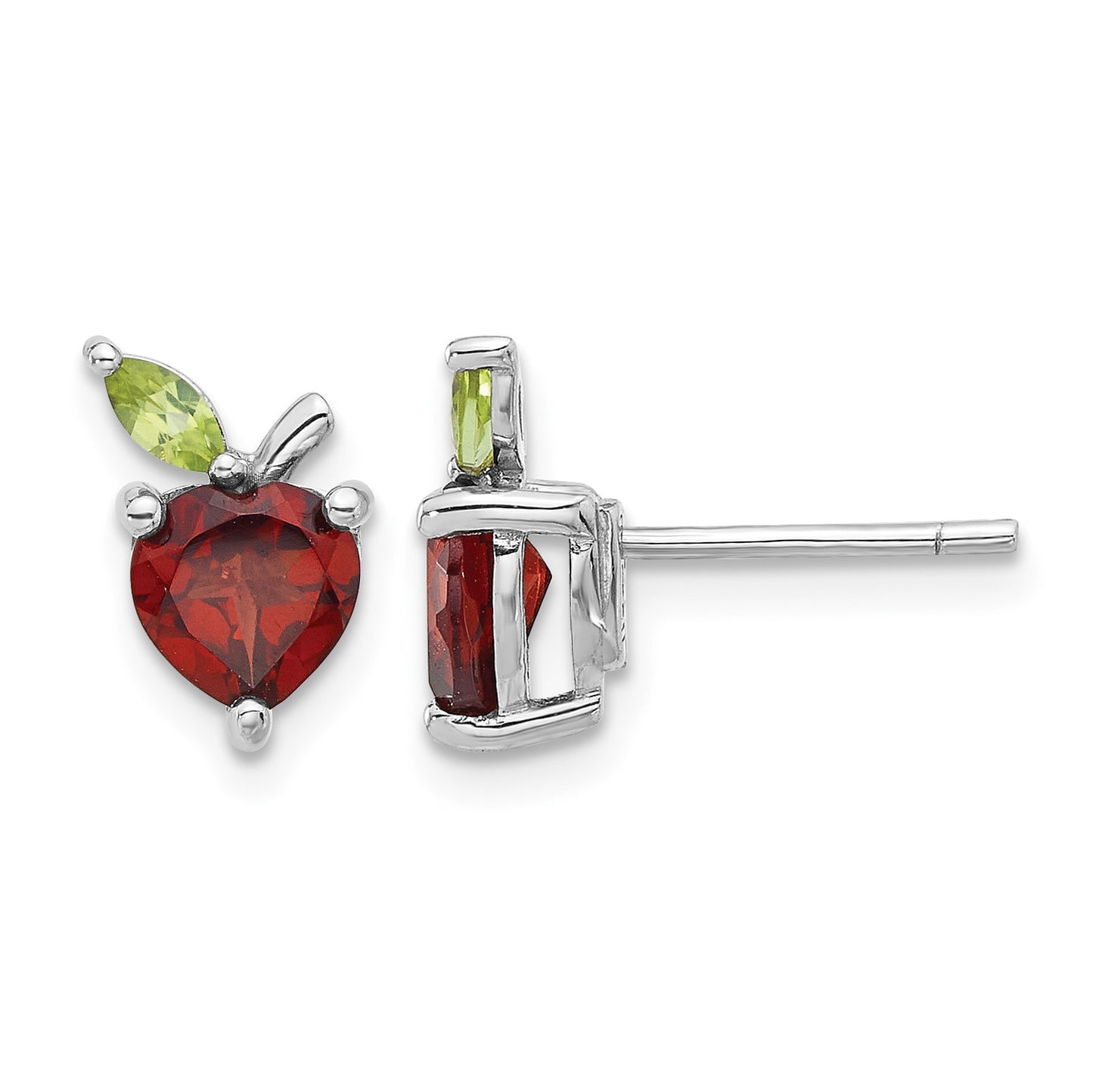 Sterling Silver Rhodium-plated Garnet and Peridot Apple Post Earrings