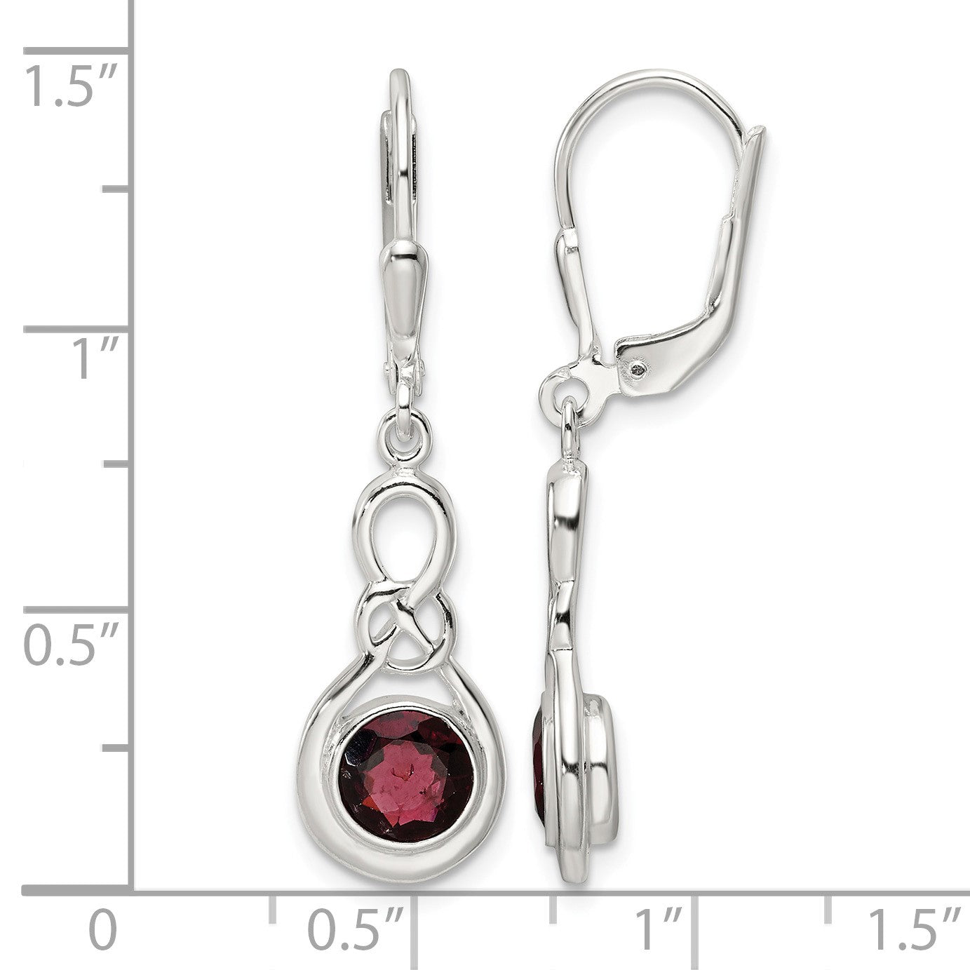 Sterling Silver Polished Garnet Knot Leverback Dangle Earrings