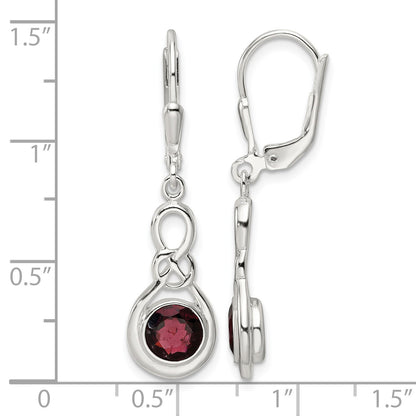 Sterling Silver Polished Garnet Knot Leverback Dangle Earrings