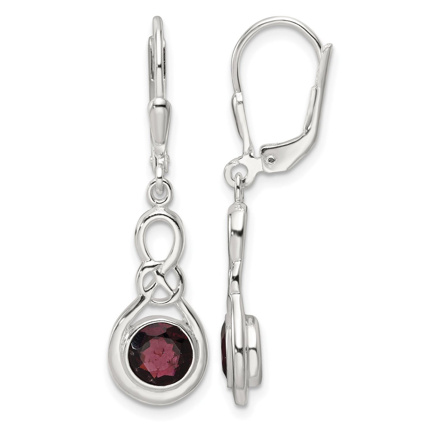 Sterling Silver Polished Garnet Knot Leverback Dangle Earrings
