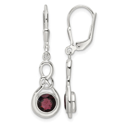 Sterling Silver Polished Garnet Knot Leverback Dangle Earrings