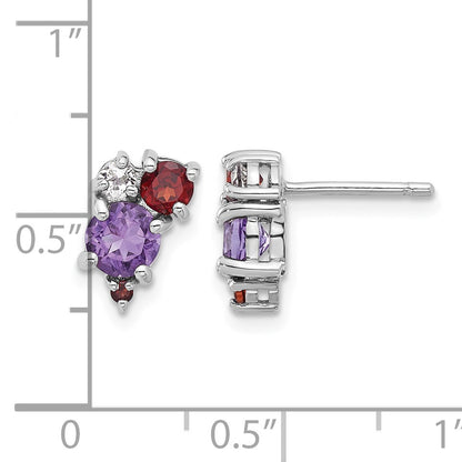 Sterling Silver Rhodium-pl Amethyst Garnet and White Topaz Post Earrings