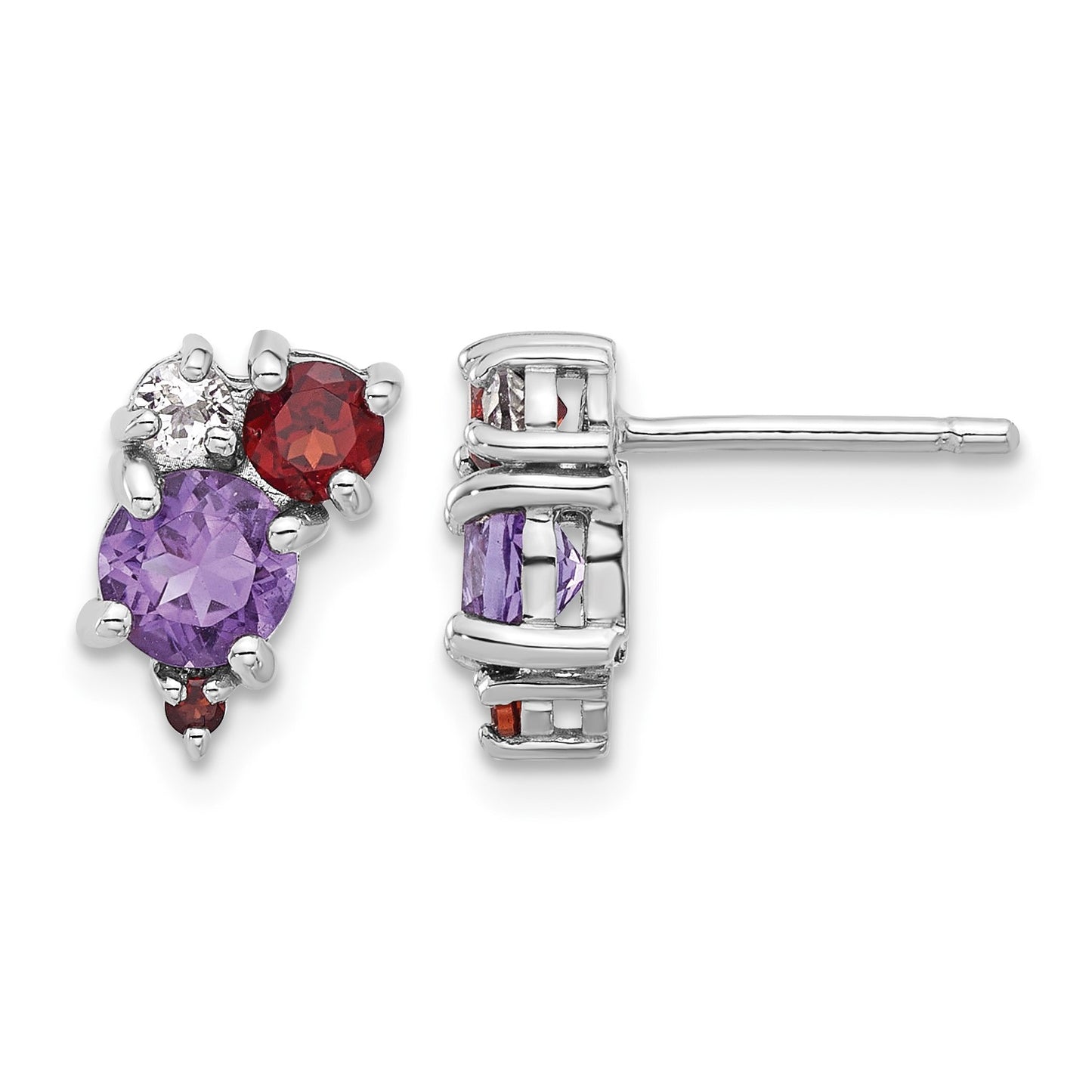 Sterling Silver Rhodium-pl Amethyst Garnet and White Topaz Post Earrings