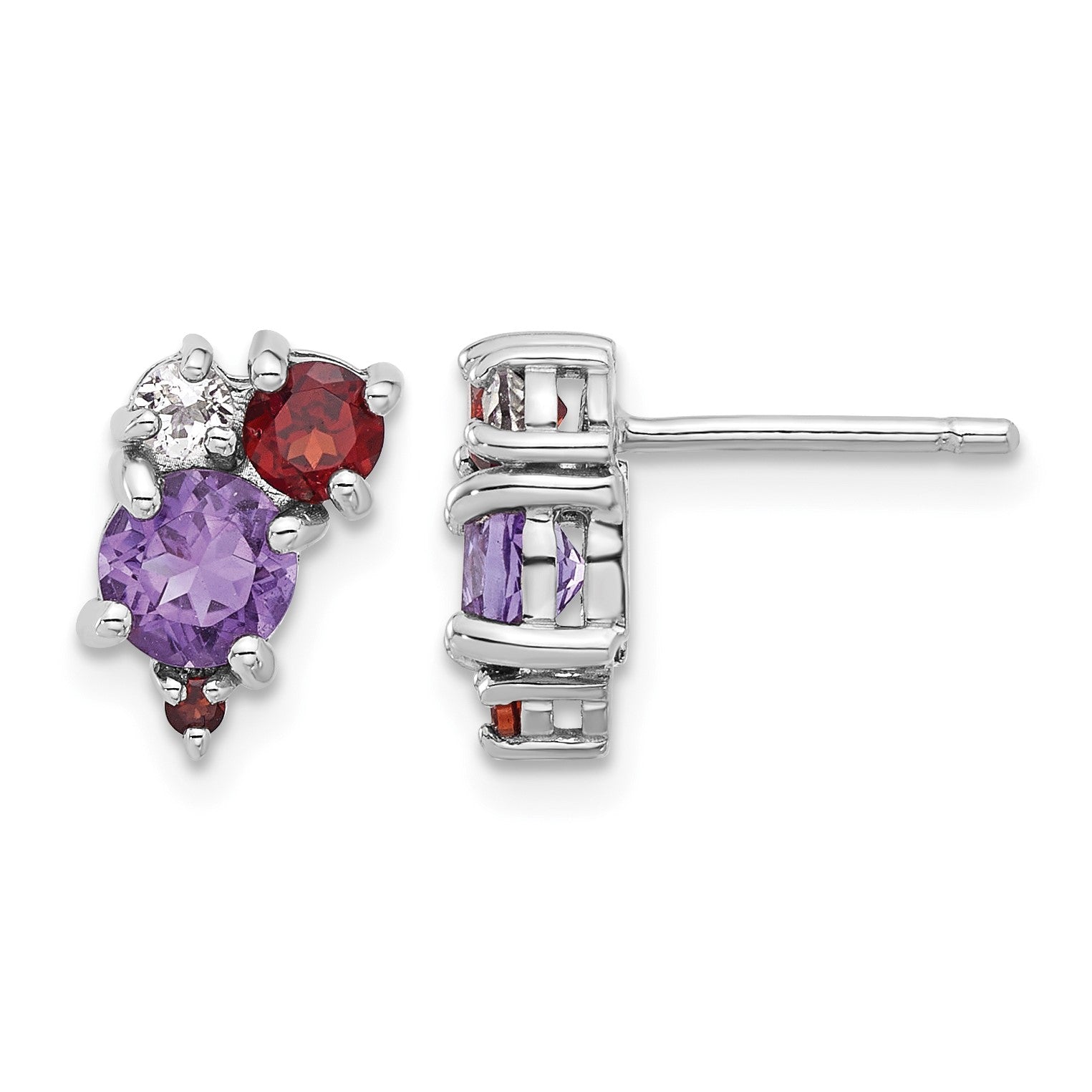 Sterling Silver Rhodium-pl Amethyst Garnet and White Topaz Post Earrings