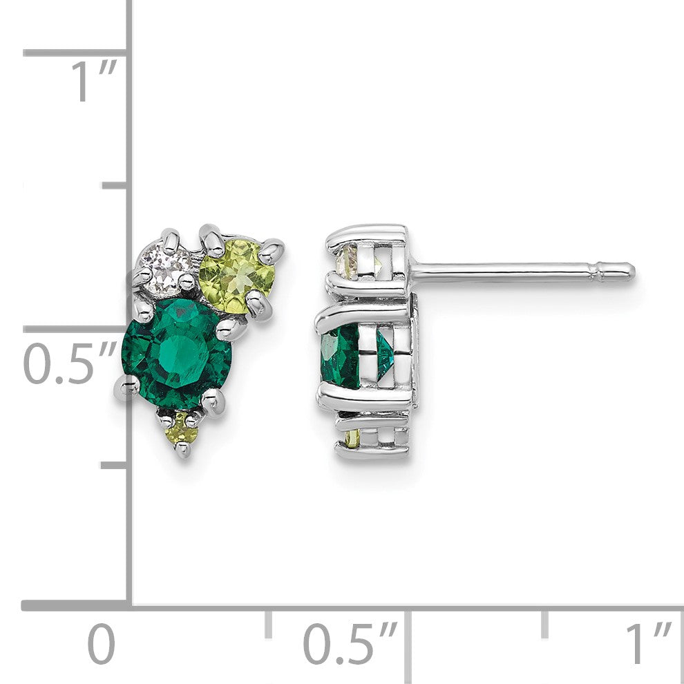 Sterling Silver Rhodium Cr.Emerald Peridot and White Topaz Post Earrings