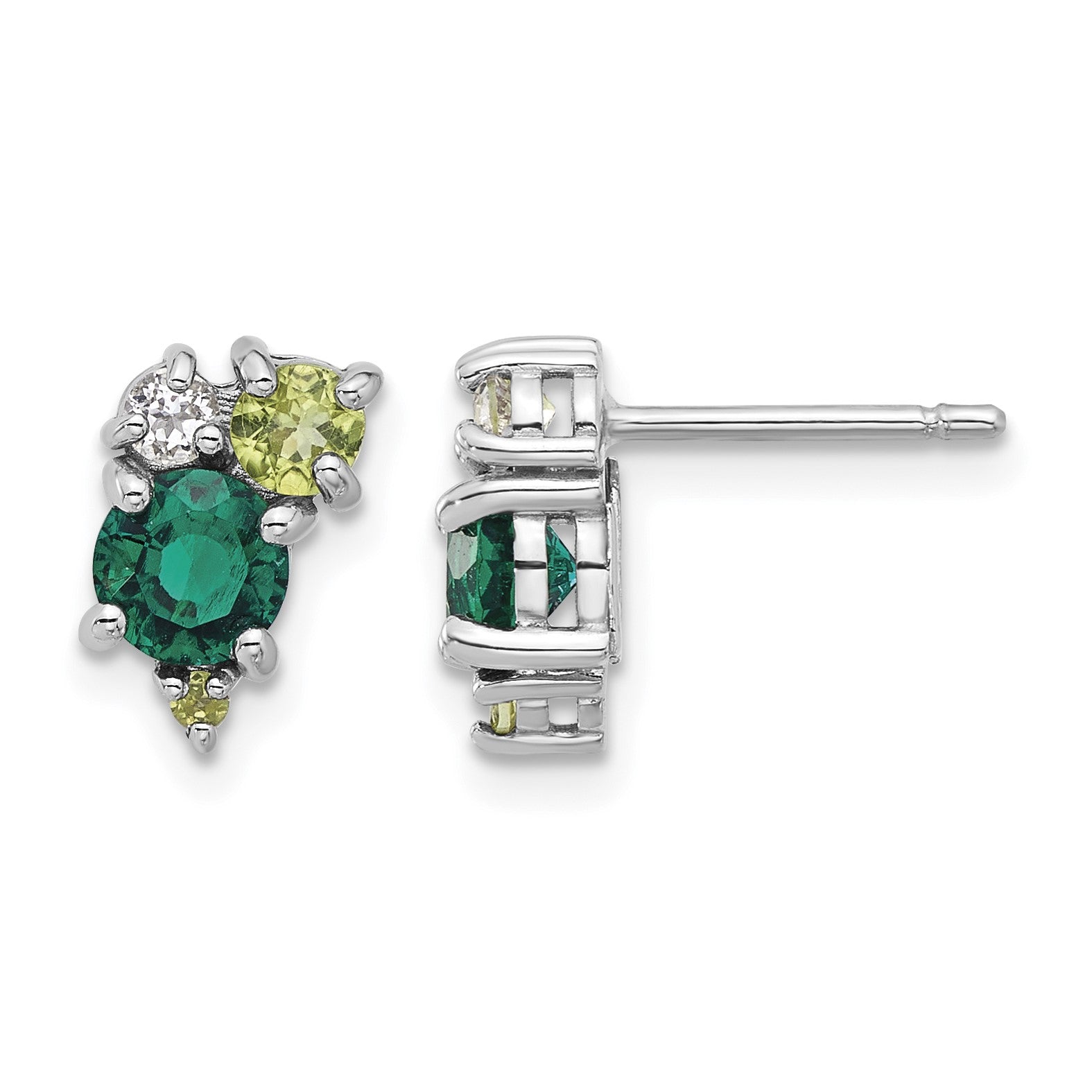 Sterling Silver Rhodium Cr.Emerald Peridot and White Topaz Post Earrings