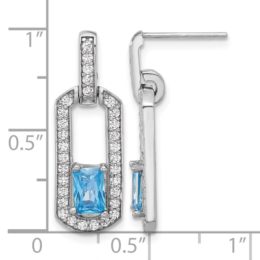 Sterling Silver Rh-plated Polished Blue Topaz and CZ Post Dangle Earrings