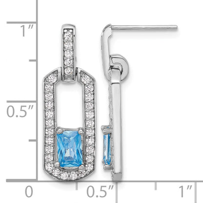 Sterling Silver Rh-plated Polished Blue Topaz and CZ Post Dangle Earrings