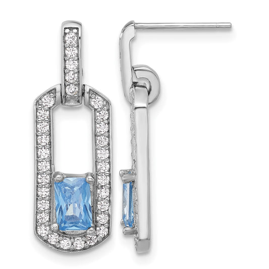 Sterling Silver Rh-plated Polished Blue Topaz and CZ Post Dangle Earrings
