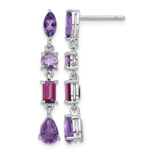 Sterling Silver RH-plated Amethyst Rhodolite Pink Quartz Dangle Earrings