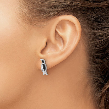 Sterling Silver Rh-plated Polished Crystal Penguin Post Earrings