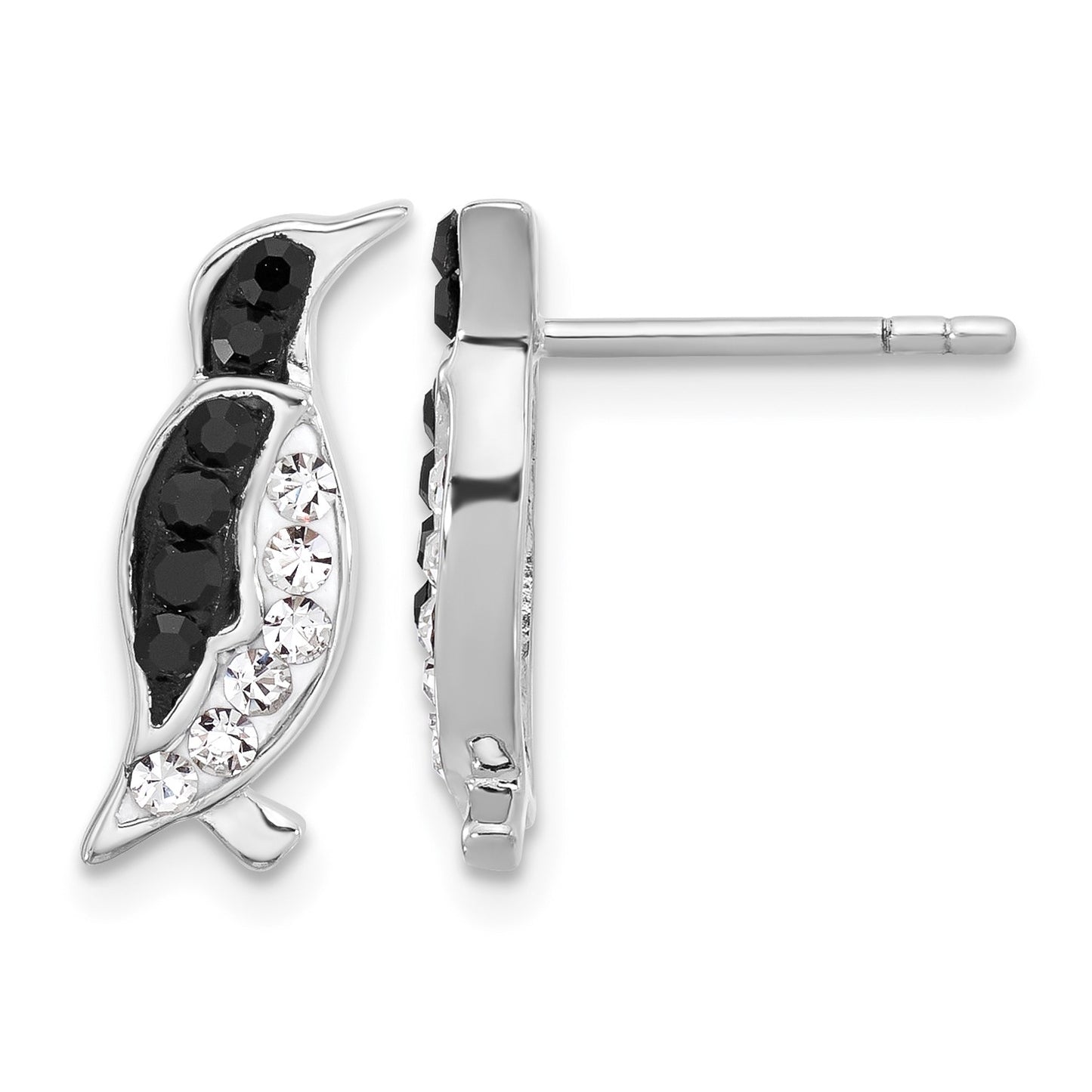 Sterling Silver Rh-plated Polished Crystal Penguin Post Earrings