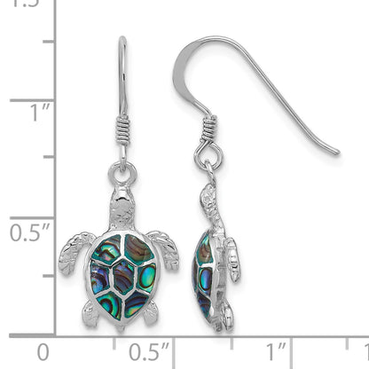 Sterling Silver Rh-plated Polished Paua Shell Turtle Dangle Earrings