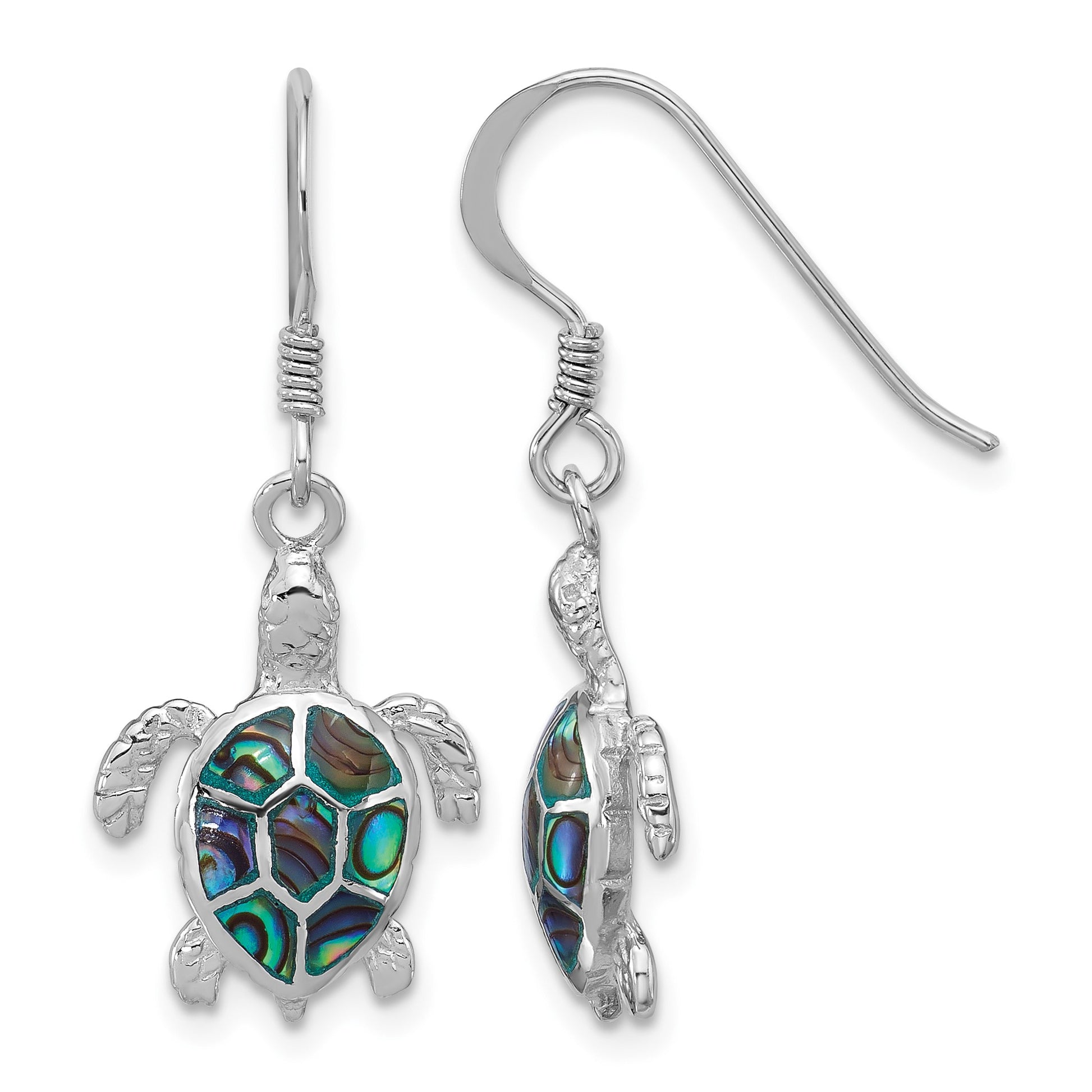 Sterling Silver Rh-plated Polished Paua Shell Turtle Dangle Earrings