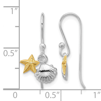 Sterling Silver RH-plated Flash Gold-plated Starfish & Shell Dangle Earring