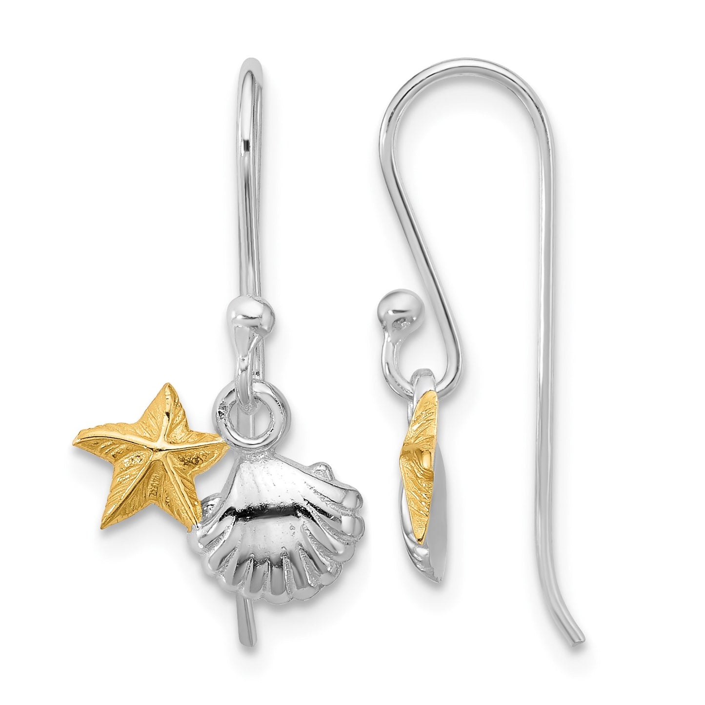 Sterling Silver RH-plated Flash Gold-plated Starfish & Shell Dangle Earring