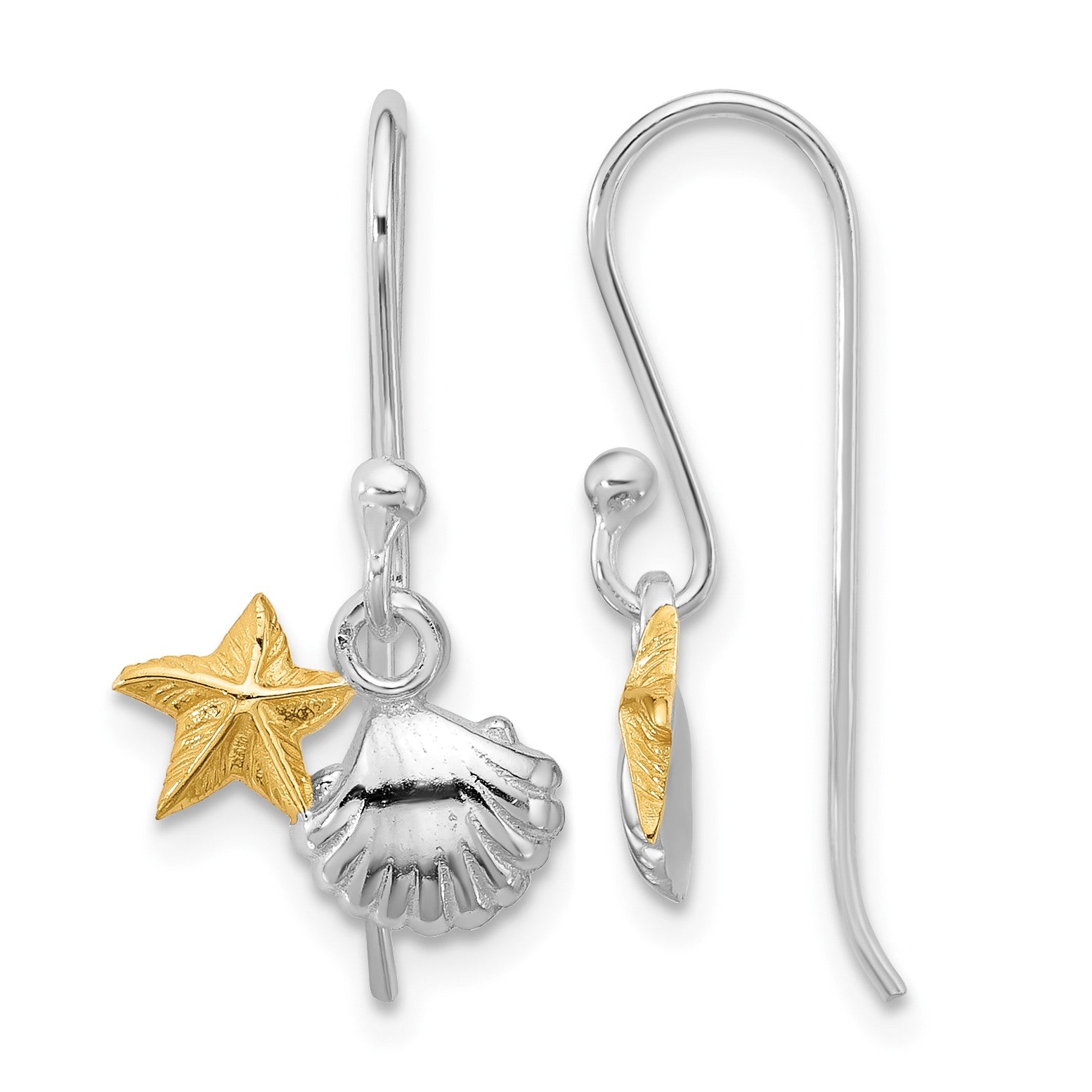 Sterling Silver RH-plated Flash Gold-plated Starfish & Shell Dangle Earring