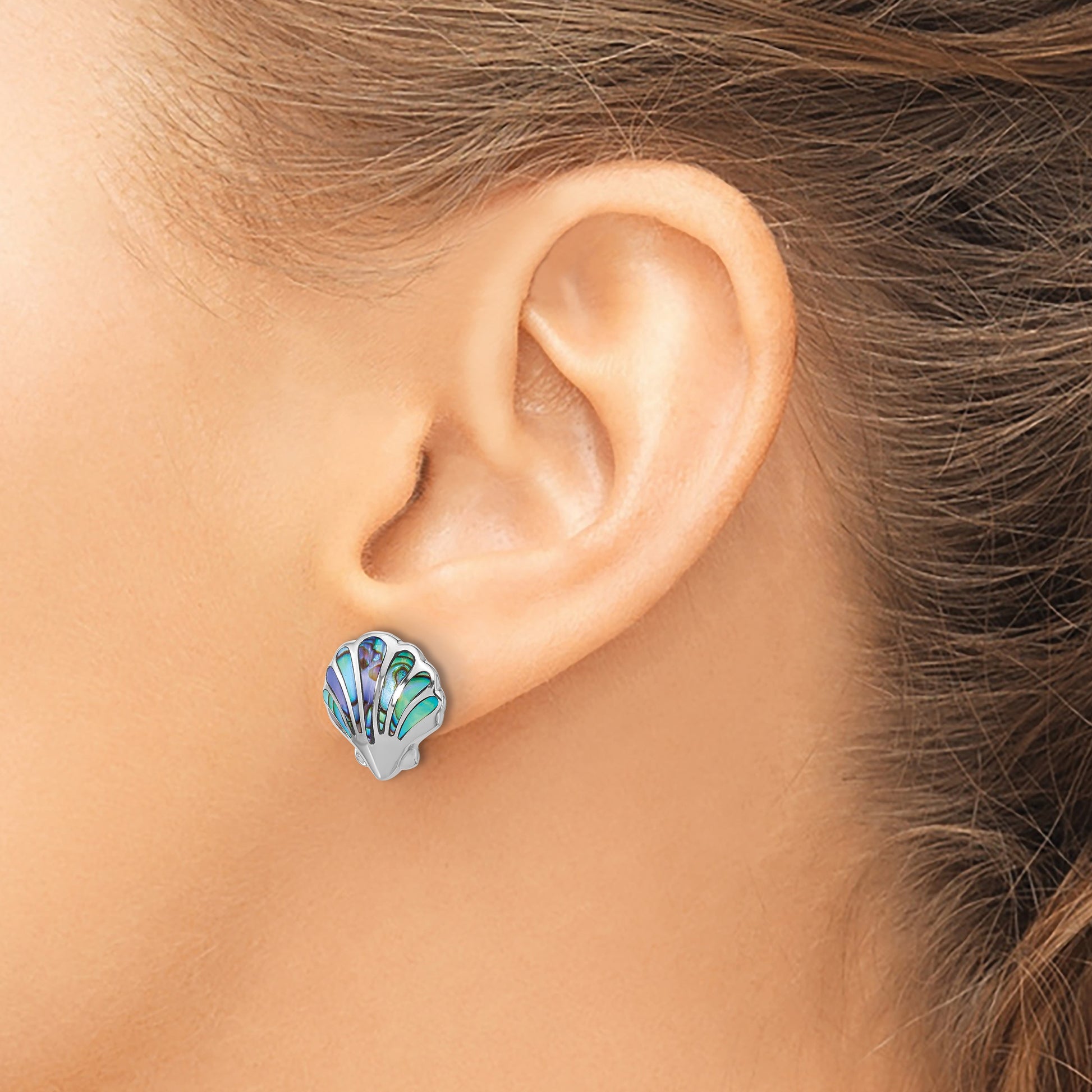Sterling Silver Rh-plated Polished Abalone Shell Post Earrings