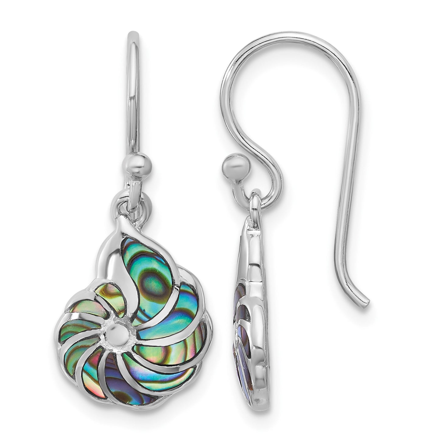 Sterling Silver Rh-plated Polished Abalone Swirl Shell Dangle Earrings