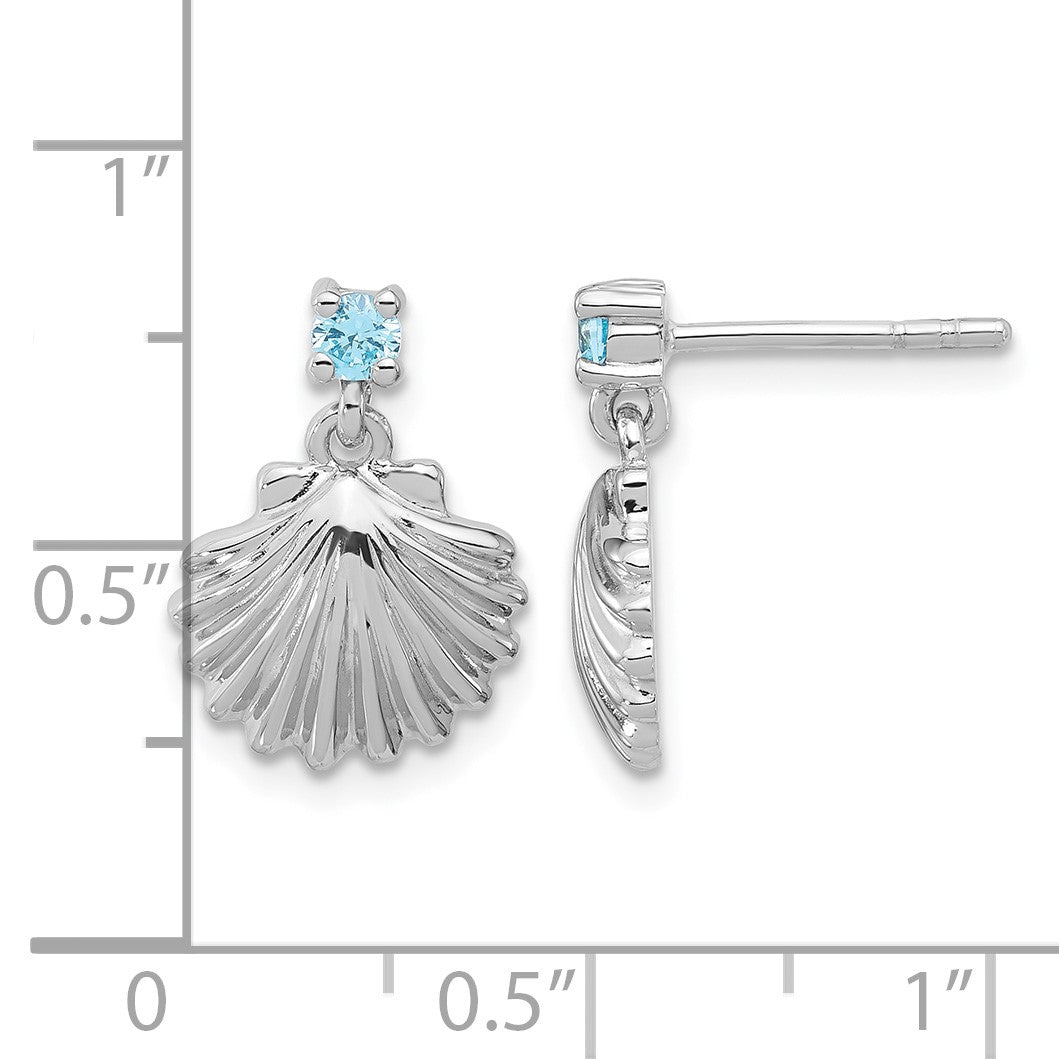 Sterling Silver Rh-plated Polished Blue CZ Dangle Shell Stud Earrings