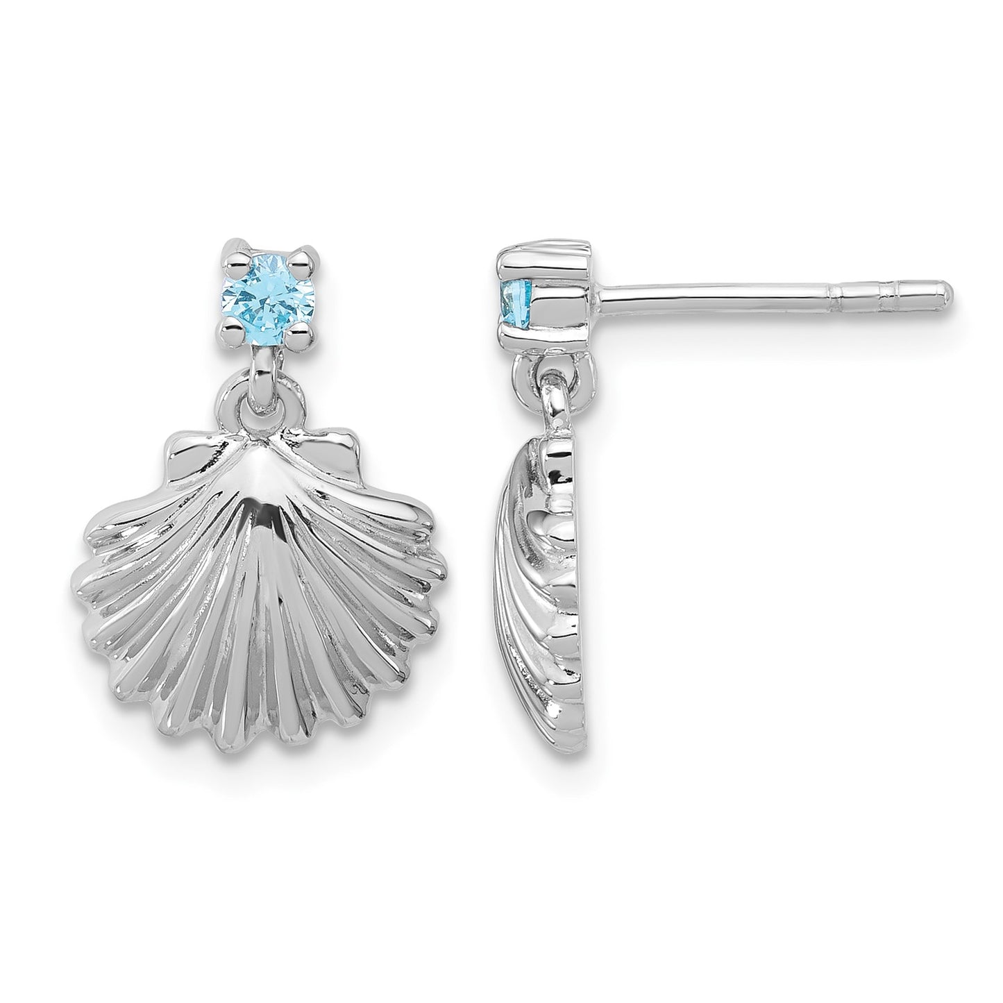 Sterling Silver Rh-plated Polished Blue CZ Dangle Shell Stud Earrings