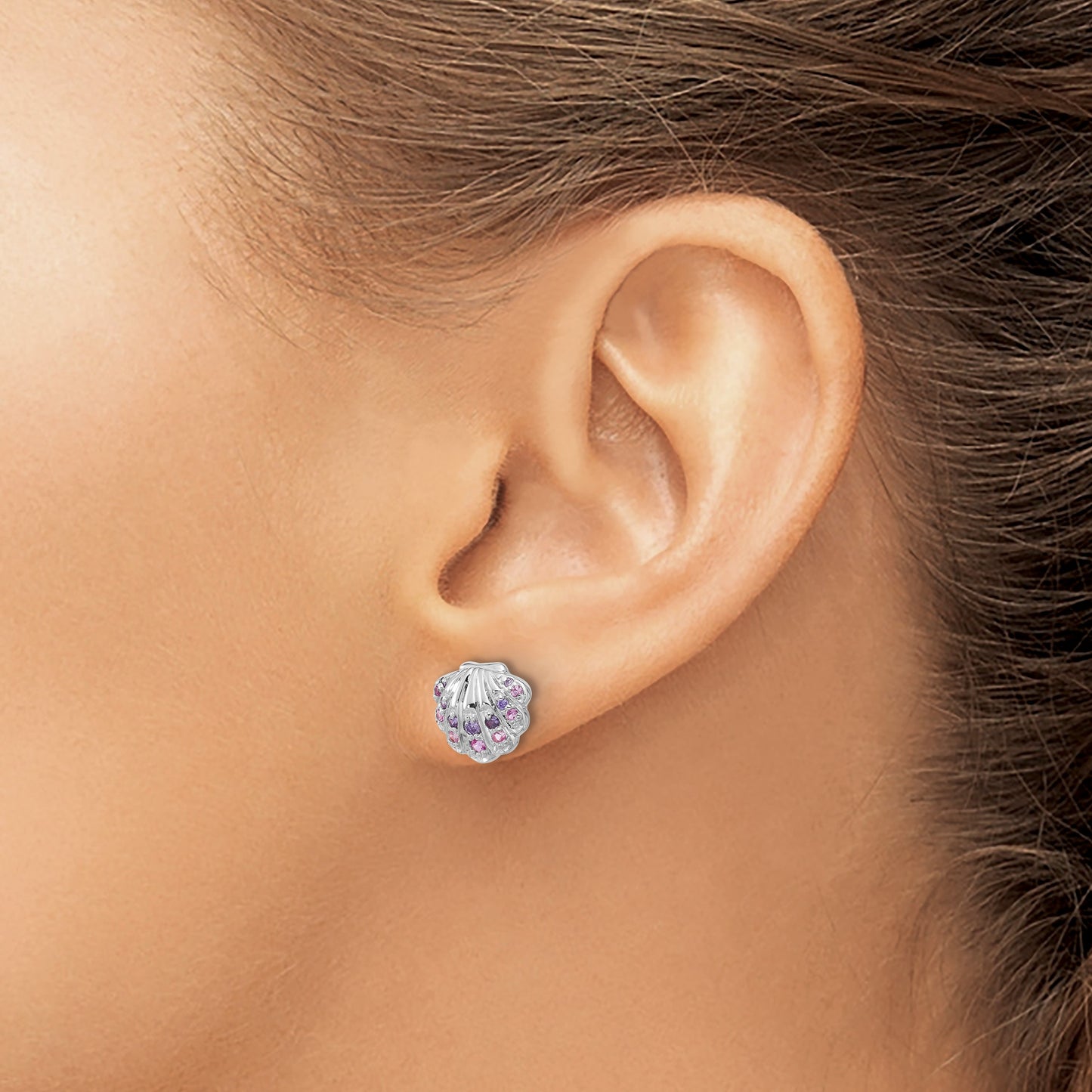 Sterling Silver Rh-plated Polished CZ Shell Post Earrings