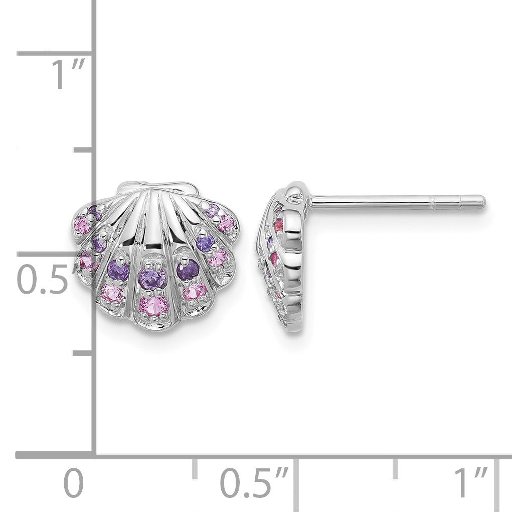 Sterling Silver Rh-plated Polished CZ Shell Post Earrings
