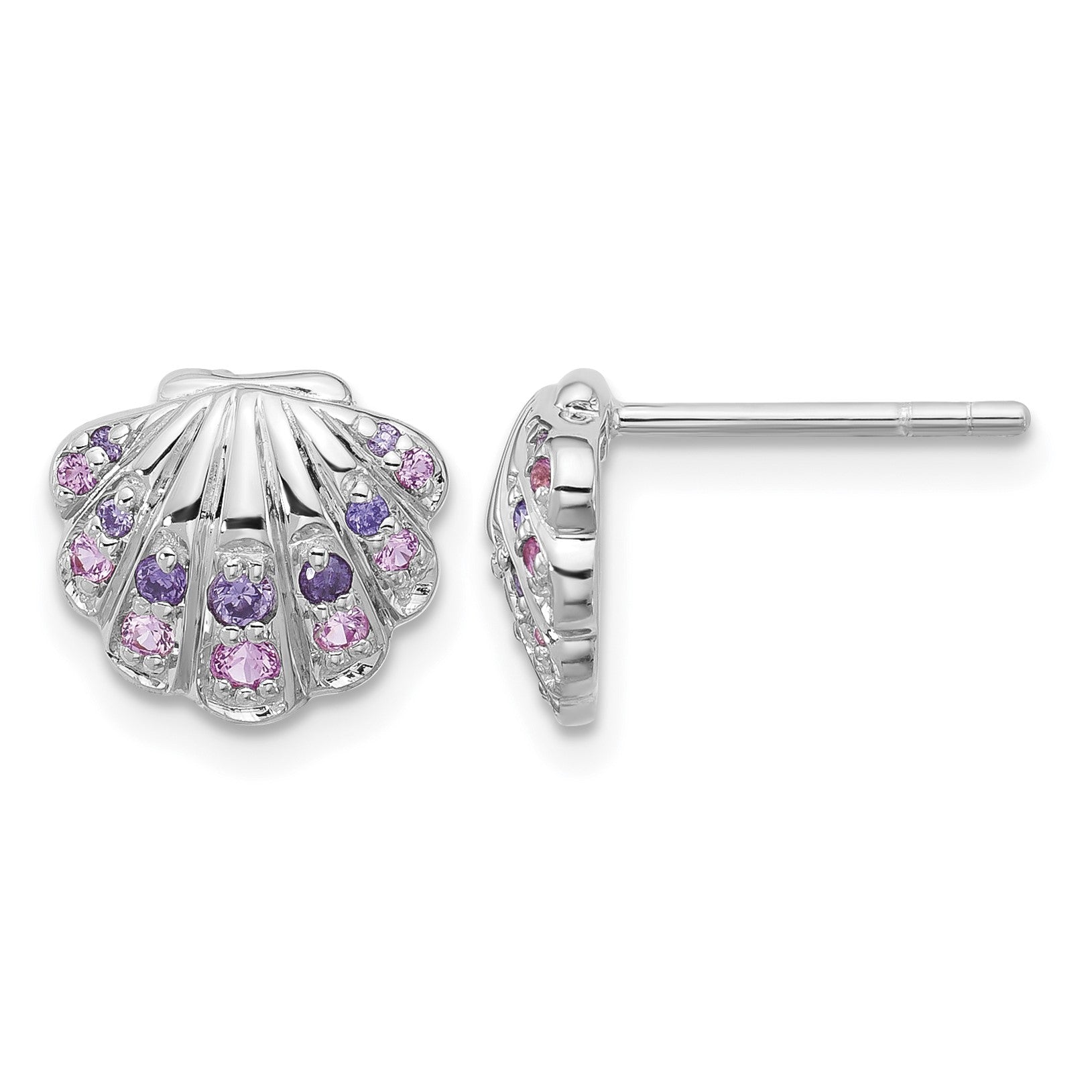 Sterling Silver Rh-plated Polished CZ Shell Post Earrings