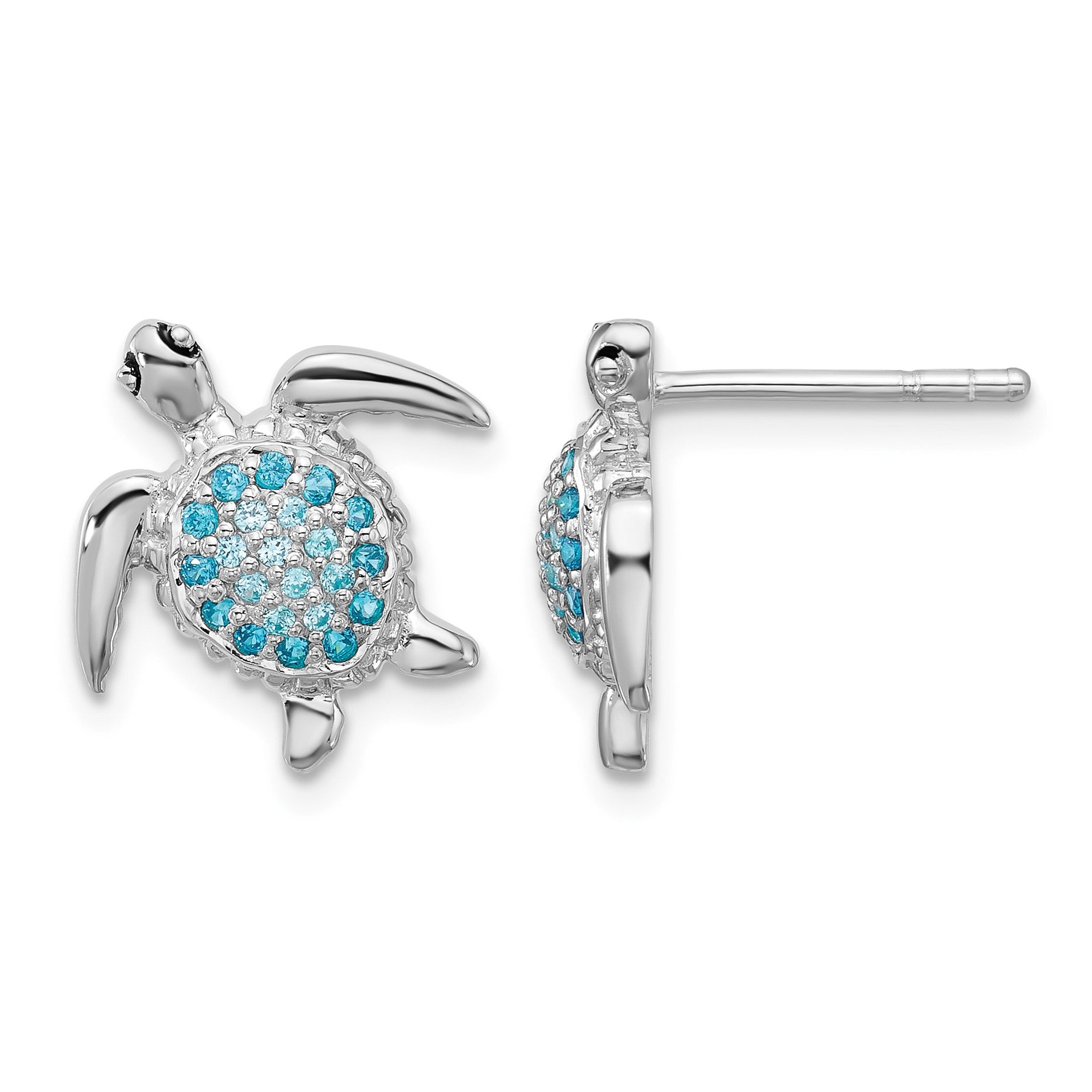 Sterling Silver Rh-plated Polished CZ Turtle Post Earrings