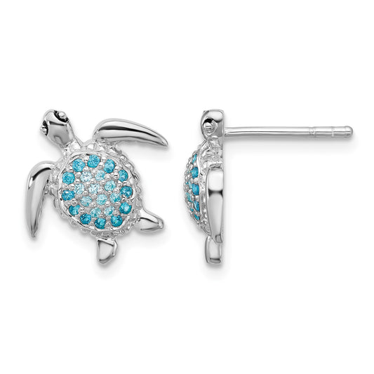 Sterling Silver Rh-plated Polished CZ Turtle Post Earrings