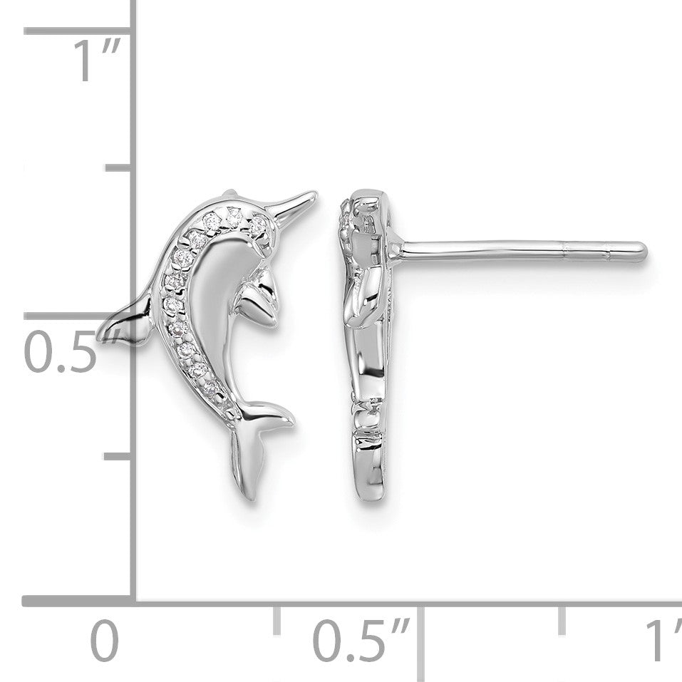 Sterling Silver Rhodium-plated Polished CZ Dolphin Post Earrings