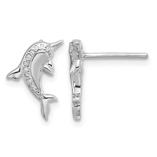Sterling Silver Rhodium-plated Polished CZ Dolphin Post Earrings