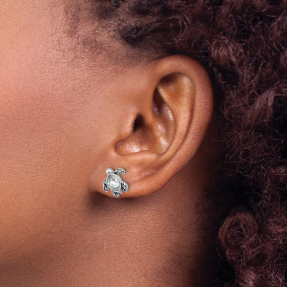Sterling Silver Rhodium-plated Polished and Antiqued White Crystal April Birthstone Turtle Earrings