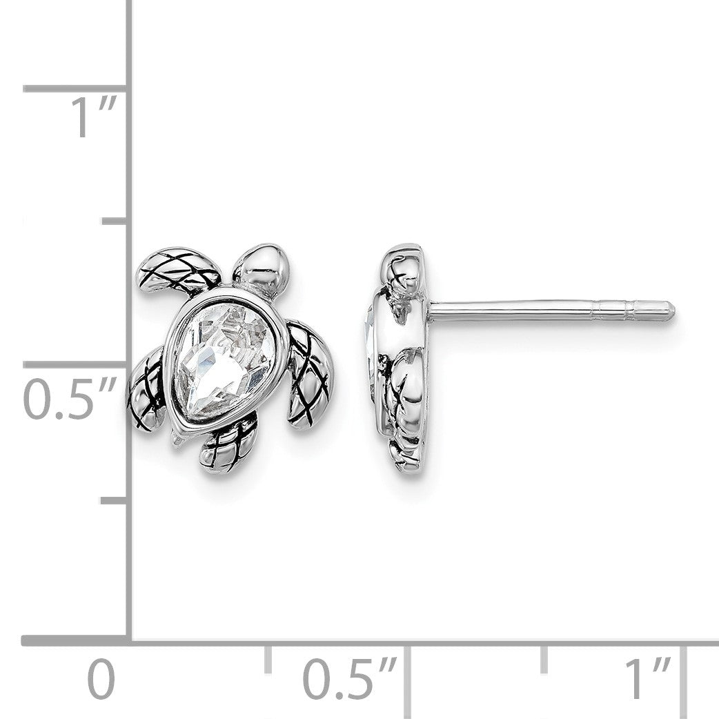 Sterling Silver Rhodium-plated Polished and Antiqued White Crystal April Birthstone Turtle Earrings