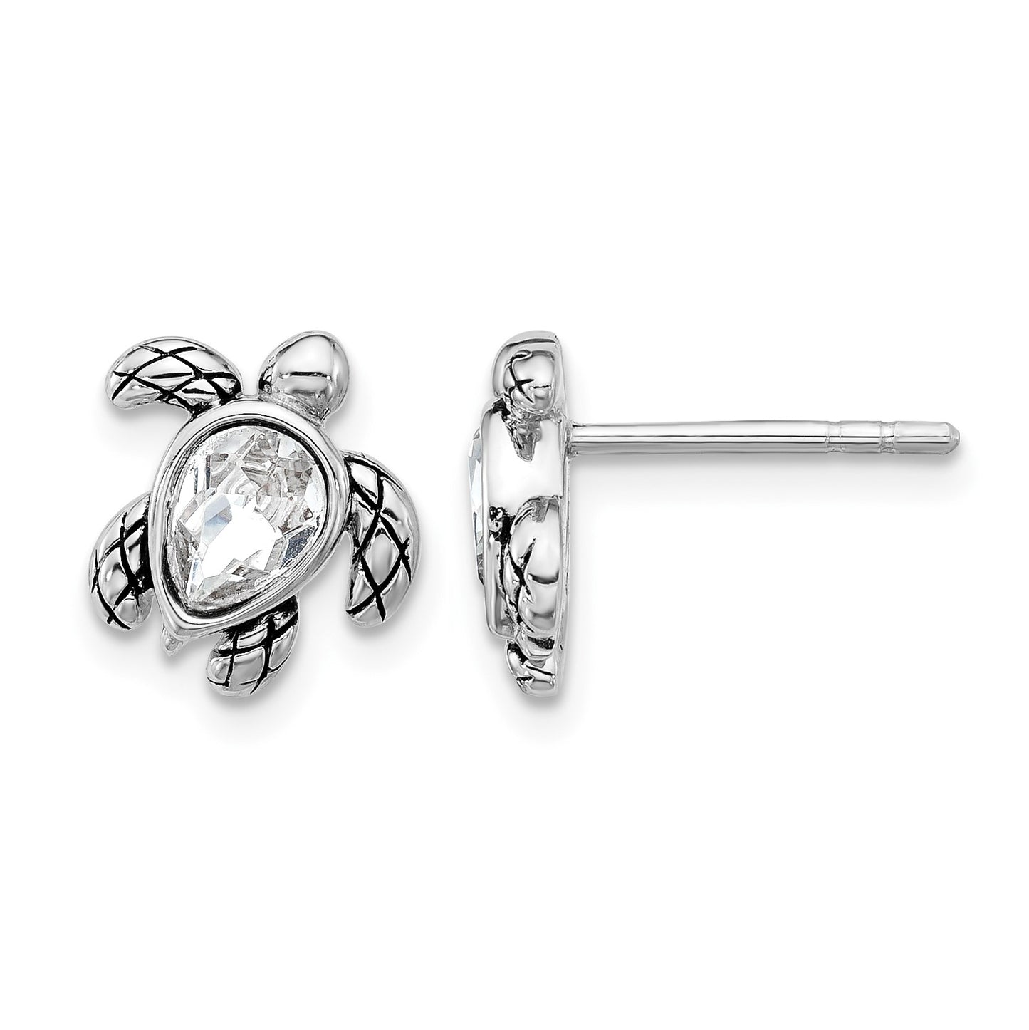 Sterling Silver Rhodium-plated Polished and Antiqued White Crystal April Birthstone Turtle Earrings
