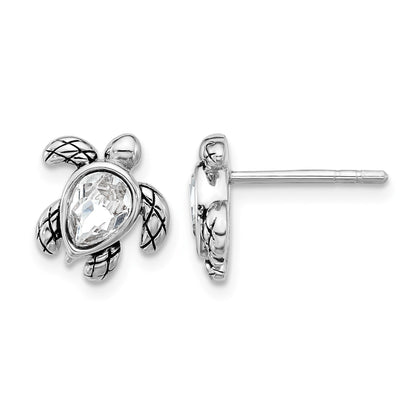 Sterling Silver Rhodium-plated Polished and Antiqued White Crystal April Birthstone Turtle Earrings