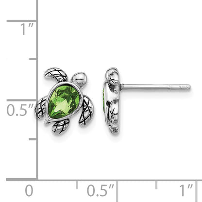 Sterling Silver Rhodium-plated Polished and Antiqued Green Crystal August Birthstone Turtle Earrings