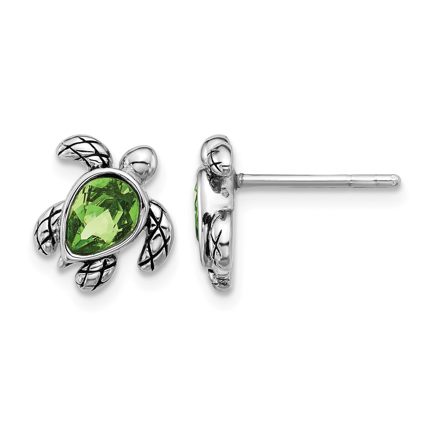 Sterling Silver Rhodium-plated Polished and Antiqued Green Crystal August Birthstone Turtle Earrings