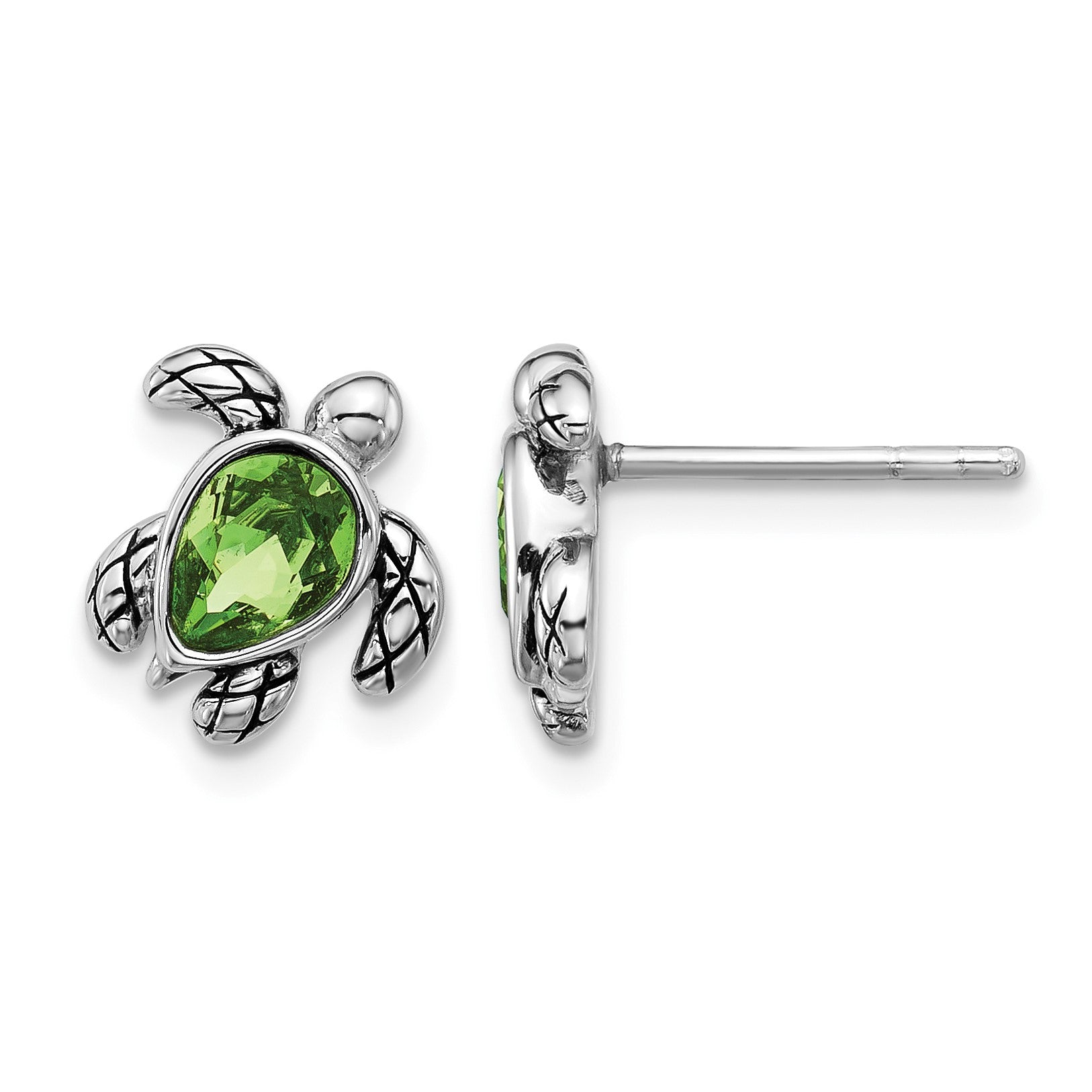 Sterling Silver Rhodium-plated Polished and Antiqued Green Crystal August Birthstone Turtle Earrings