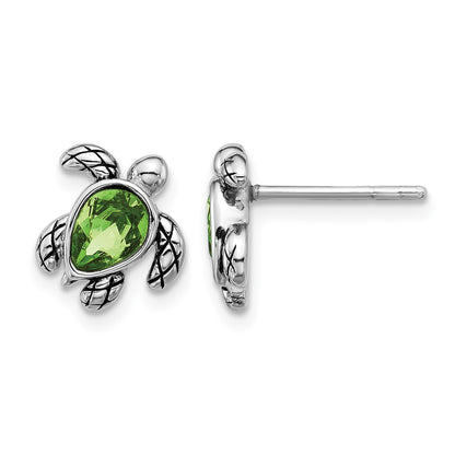 Sterling Silver Rhodium-plated Polished and Antiqued Green Crystal August Birthstone Turtle Earrings