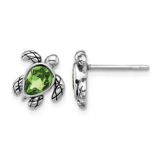 Sterling Silver Rhodium-plated Polished and Antiqued Green Crystal August Birthstone Turtle Earrings
