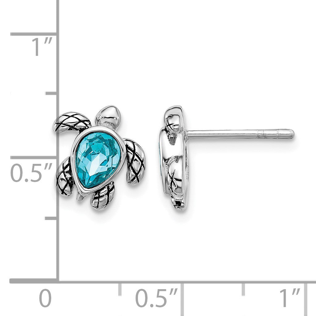 Sterling Silver Rhodium-plated Polished and Antiqued Blue Crystal December Birthstone Turtle Earrings