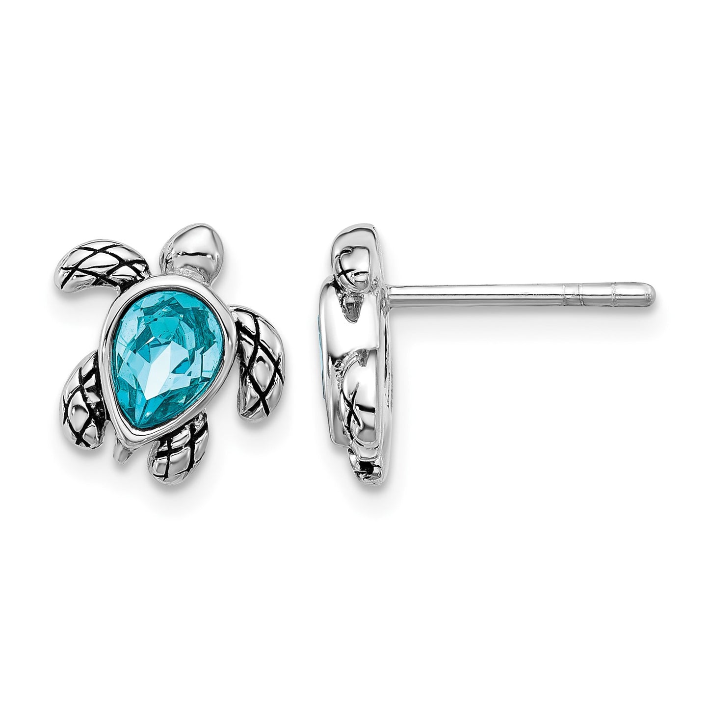 Sterling Silver Rhodium-plated Polished and Antiqued Blue Crystal December Birthstone Turtle Earrings
