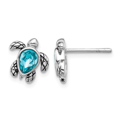 Sterling Silver Rhodium-plated Polished and Antiqued Blue Crystal December Birthstone Turtle Earrings
