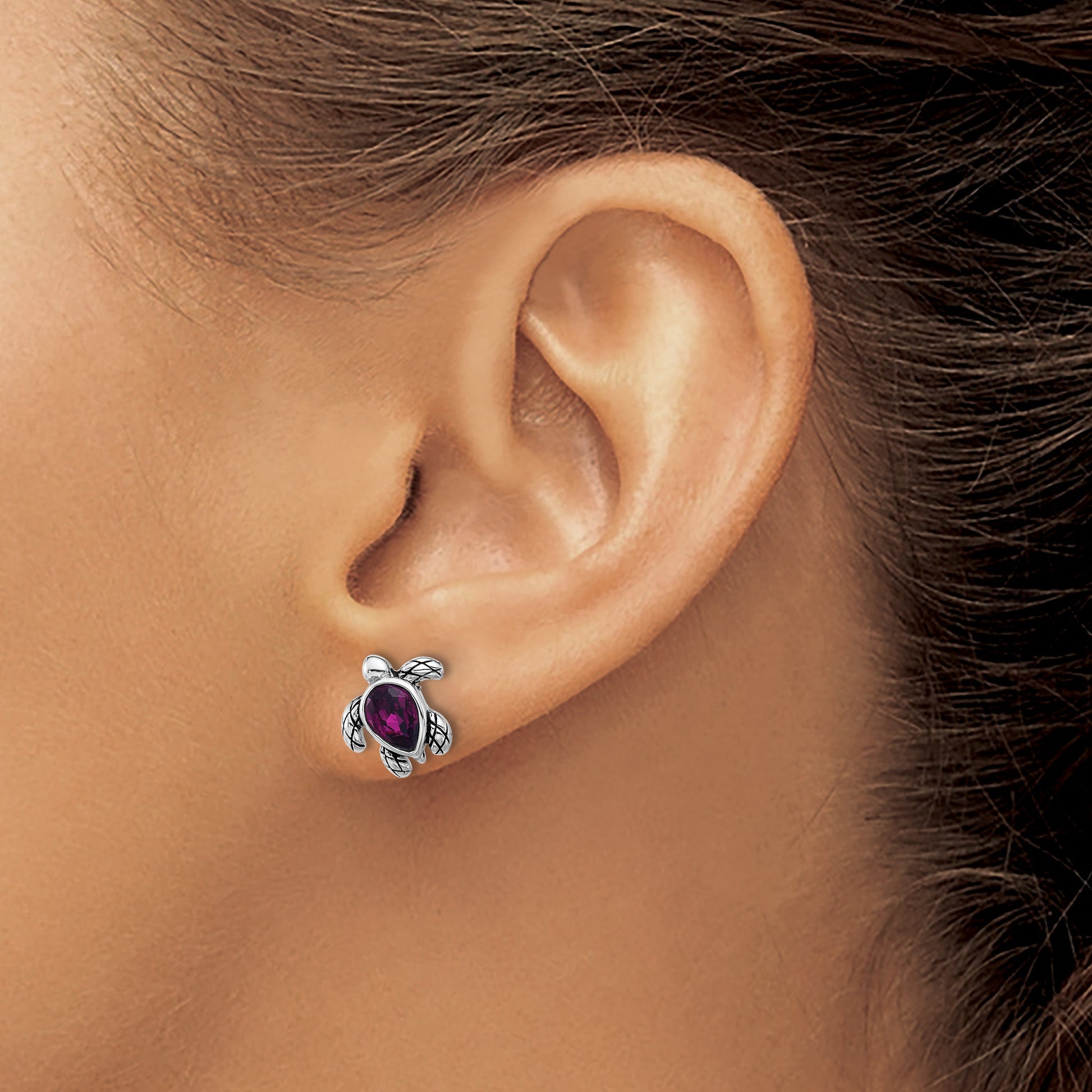 Sterling Silver Rhodium-plated Polished and Antiqued Purple Crystal February Birthstone Turtle Earrings