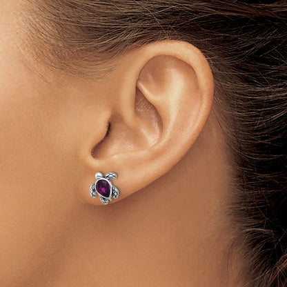 Sterling Silver Rhodium-plated Polished and Antiqued Purple Crystal February Birthstone Turtle Earrings